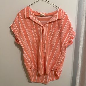 Coral Striped Button Down Short Sleeve Shirt